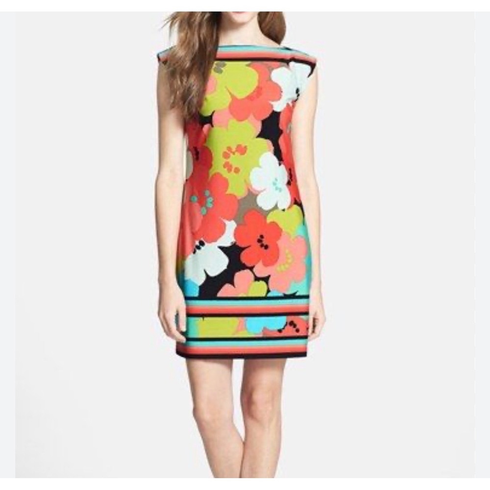 Trina Turk Floral Boat Neck Shift Dress Black Orange Yellow Blue Green Size 10